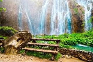 Waterfall wooden bench stream forest - the middle of the forest free wallpaper