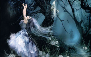 Woman blue dress forest white - dark fantasy art free wallpaper for desktop