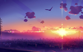 Sunset birds city skyline flying - alena aenami free wallpaper