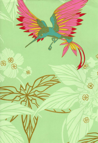 Pink tail bird flying green - cloisonnism free wallpaper for mobile