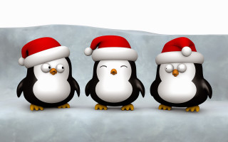 Three penguins santa hats snowy - a snowy surface free wallpaper