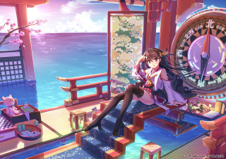 Woman sitting stairs clock building - aimitsu free wallpaper