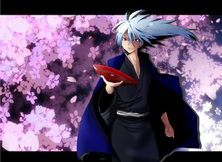 Bluehair man redplate purplebackground flowers - blue hair holding free wallpaper