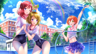 Three girls tennis court rainbow - a tennis court free wallpaper