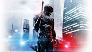 Futuristic man cityscape skyline weapon - a gun in a city street free wallpaper