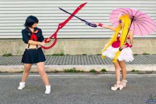 Two women costumes umbrellas street - a pink umbrella free wallpaper