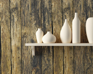 Shelf white vases wooden wall - a shelf free wallpaper