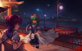 Anime girls pier night clock - a clock in the background free wallpaper