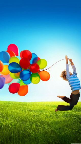 Child flying balloons air string - free happy birthday wallpaper for mobile