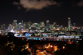 City skyline night train bridge - the track free wallpaper
