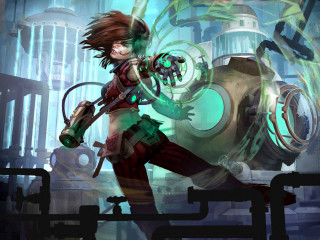 Woman futuristic suit machine gun - bayard wu free wallpaper