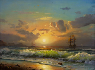 Ship sailing ocean sunset rocky - fitz hugh lane free wallpaper