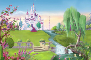 Castle stream trees flowers painting - a painting of a castle free wallpaper