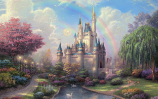 Castle rainbow sky river painting - kinkade free wallpaper