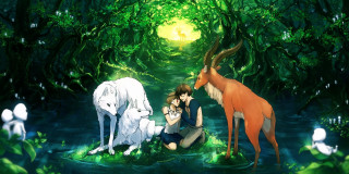 Animals forest woman sitting next - a couple of animals free wallpaper