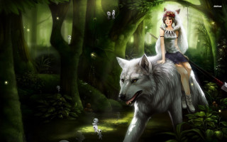 Girl riding wolf forest mushrooms - a forest background free wallpaper