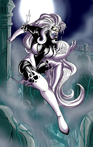 Cartoon woman flying black white - a full moon in the background free wallpaper for mobile