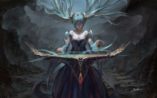 Woman blue hair wings table - head and a sword free wallpaper for desktop