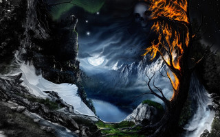 Mountain fire moon sky background - a painting of a mountain scene free wallpaper
