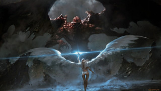 Woman wings monster sword light - bastien l. deharme free wallpaper
