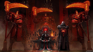 Men throne giant robot statue - dystopian art free wallpaper