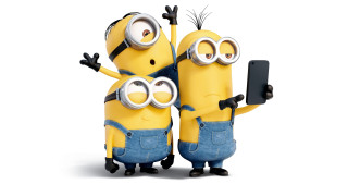 Three minions arms up cellphone - selfie free wallpaper