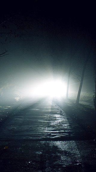 Foggy road car night light - free halloween wallpaper for mobile