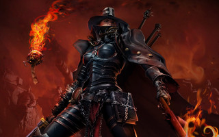 Woman black outfit sword flame - a red background behind her free wallpaper