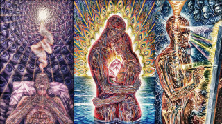 Three paintings woman man middle - sacred free wallpaper