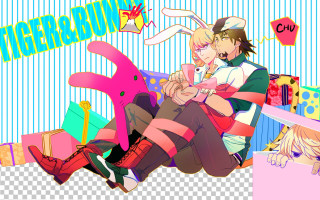 Couple people sitting pile boxes - full color free wallpaper