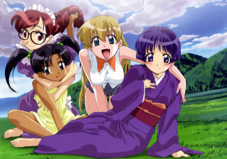 Girls purple outfits field mountains - a group of girls free wallpaper