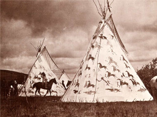 Teepee horses birds man standing - carl hoppe free wallpaper