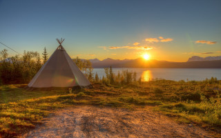 Teepee grass field lake sunset 2 - field next free wallpaper