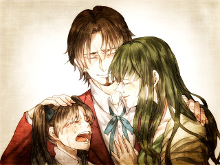 Hugging family crying longhair greenhair - classical realism free wallpaper for desktop