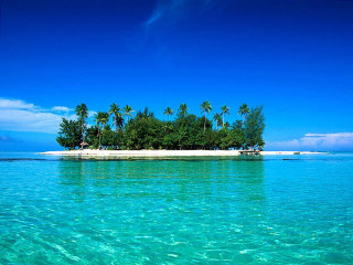Small island palm trees clear - a boat in the distance free wallpaper