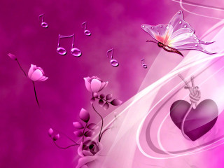Purple heart butterfly music notes - digital art free wallpaper