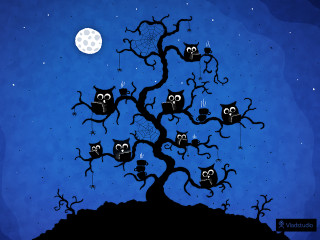 Tree owls full moon blue 2 - owl free wallpaper