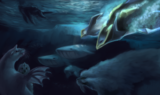 Animals swimming ocean together painting - a painting of a group free wallpaper