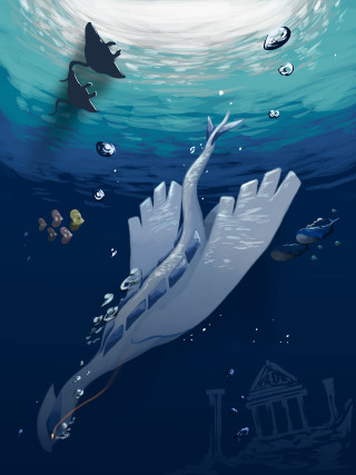 Large bird floating ocean boat - underwater free wallpaper for mobile