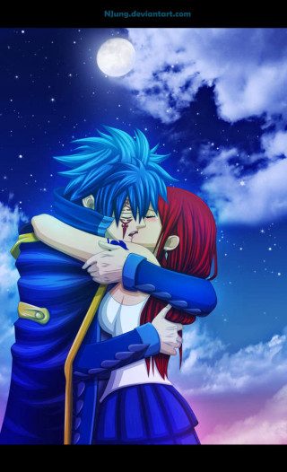 Anime couple hugging full moon - free fantasy wallpaper