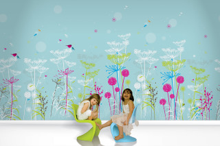 Girls chair flower wallpaper butterfly 2 - two girl free wallpaper