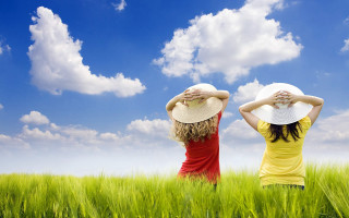 Two women yellow shirts hats 2 - two woman free wallpaper