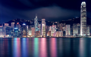 City skyline night reflections ferris - tall building free wallpaper