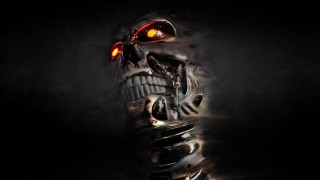 Robot glowing eyes skull face - the dark background free wallpaper for desktop