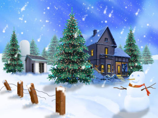 Snowman house christmas tree fence - a snowman free wallpaper