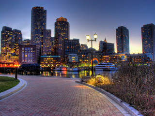 City skyline brick walkway boat - city background free wallpaper for desktop