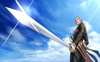 Man holding giant sword bright - a bright star in the background free wallpaper