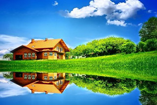 Lake reflection house green field 2 - the water of a lake free wallpaper