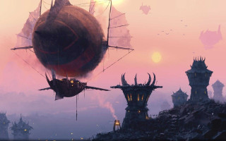 Ship floating city sunset demon - a painting of a ship free wallpaper