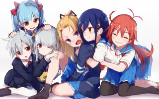 Anime girls sitting arms around - a group of anime girls sitting next free wallpaper